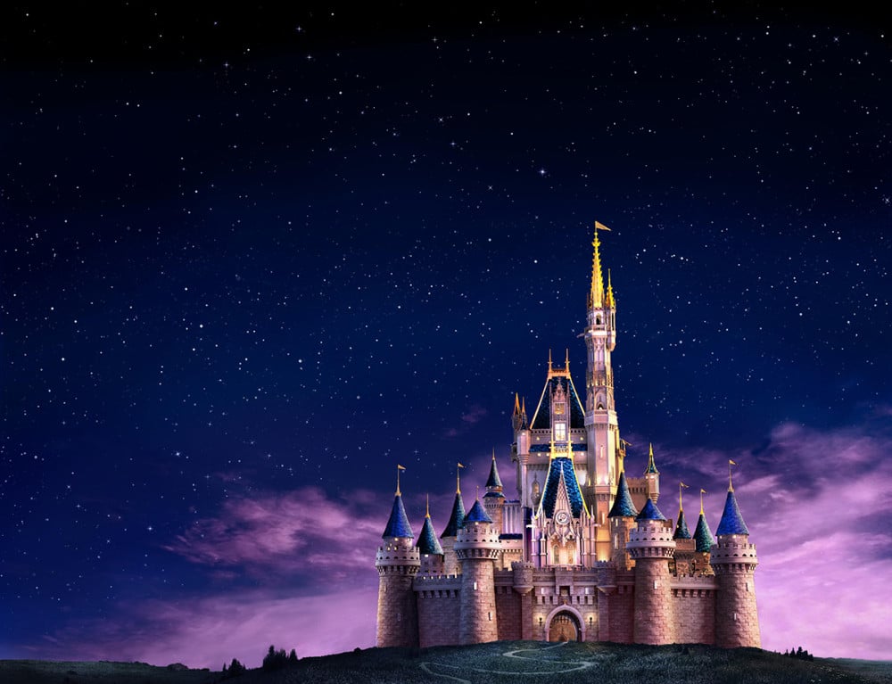 Disney castle at night.