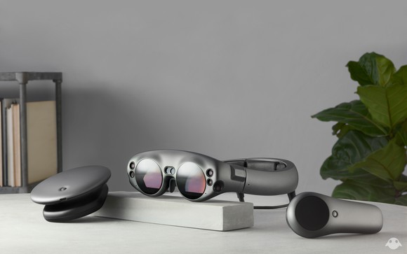 Magic Leap augmented reality glasses sitting on table.