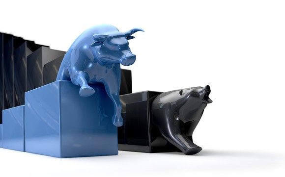 Picture of desktop sized bull and bear crawling out of small boxes.