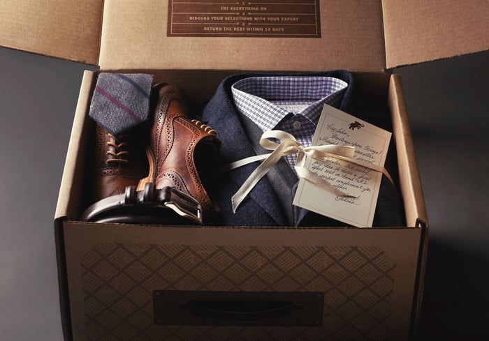 A box of fashion items from Nordstrom's Trunk Club personal stylist service