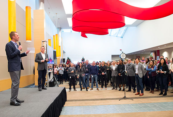 Shipt CEO and founder Bill Smith stands onstage at Target's Minneapolis HQ to talk to the team about the acquisition