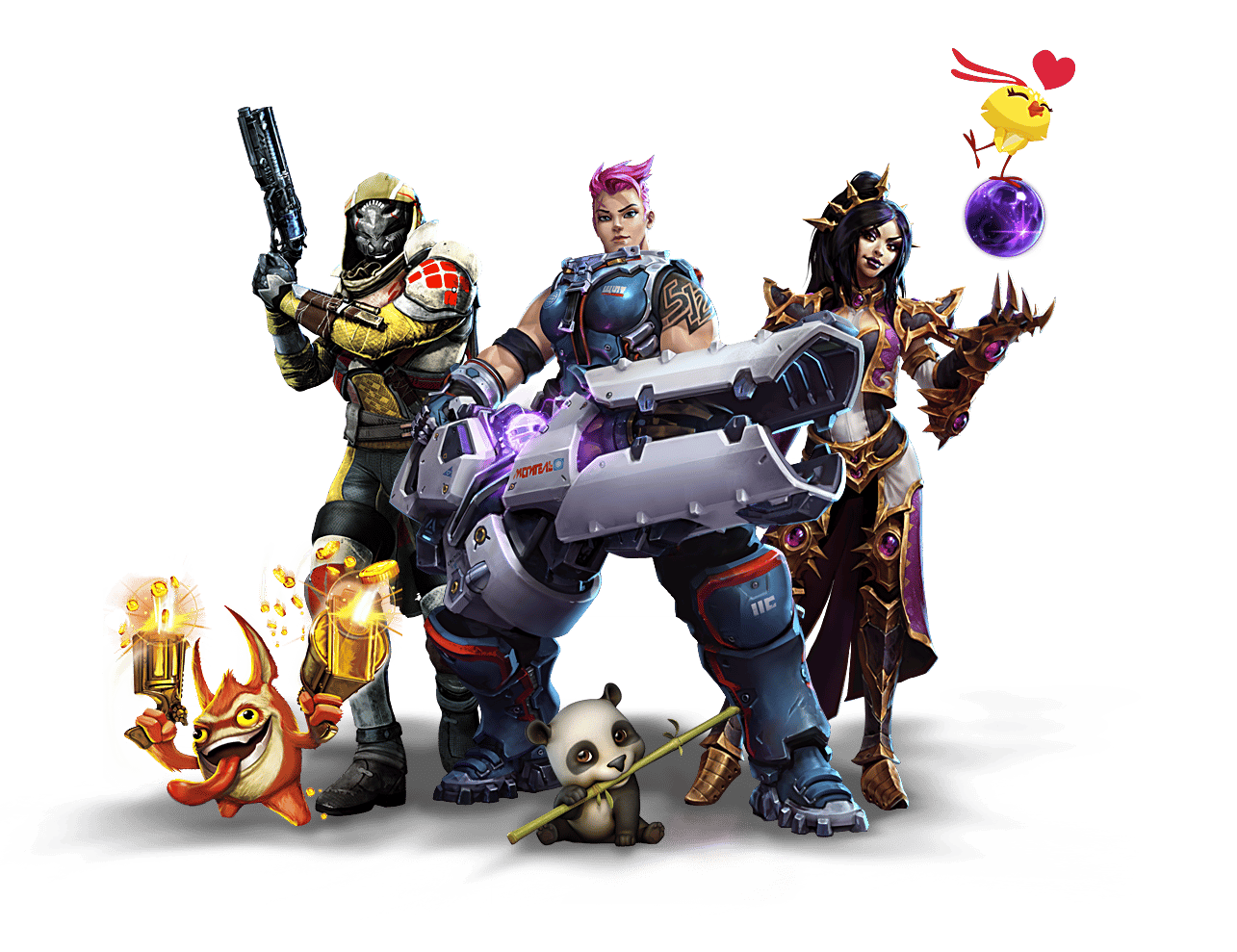 Characters from Activision Blizzard games (Skylanders, Destiny, Overwatch, World of Warcraft, and Candy Crush) standing together.
