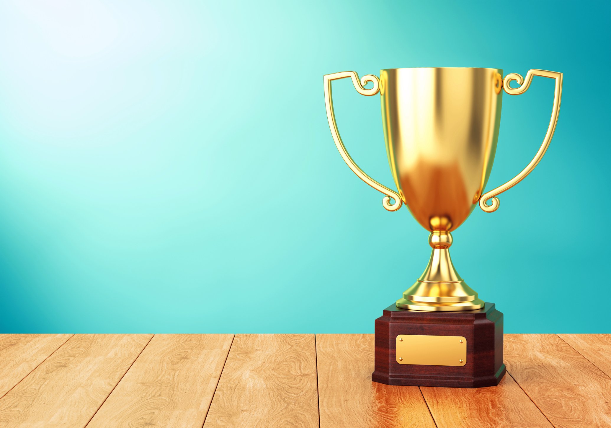 A trophy sitting on a table.