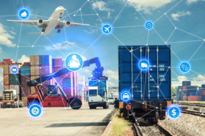 A plane and train car near a loading dock. Lines and glowing illustrations of items including a clock and a dollar sign show how these things are connected. 