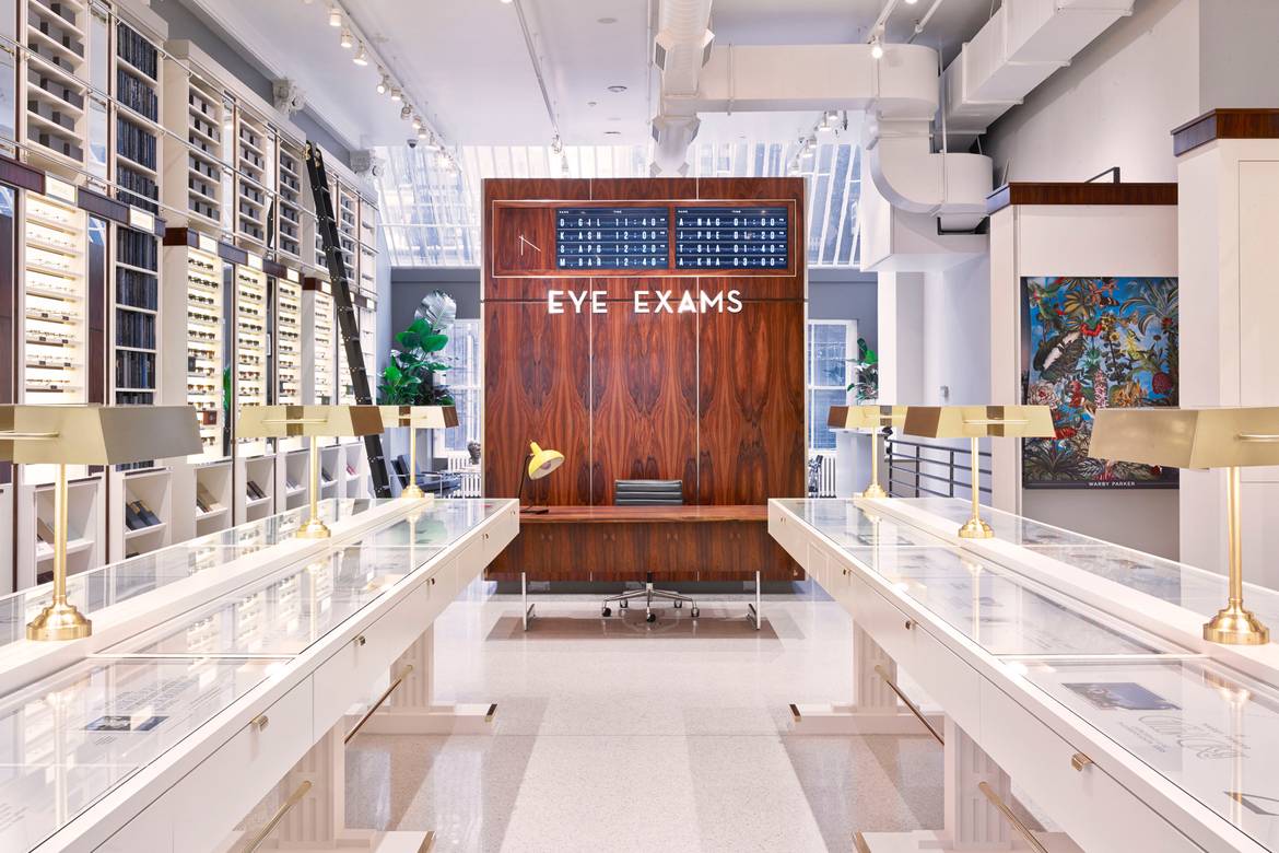 The interior of a Warby Parker store.
