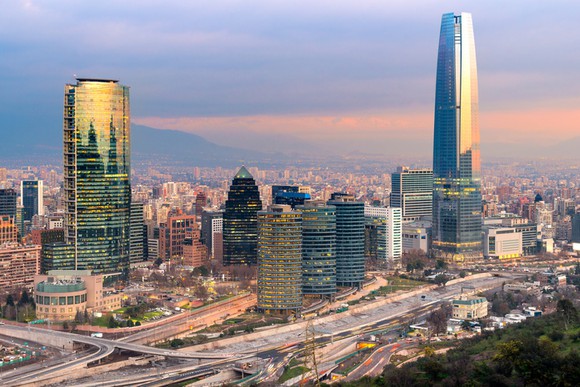 The skyline of Santiago at sunset.