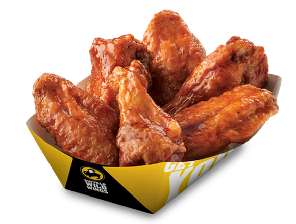 A basket of traditional bone-in chicken wings spun in BBQ sauce from Buffalo Wild Wings.