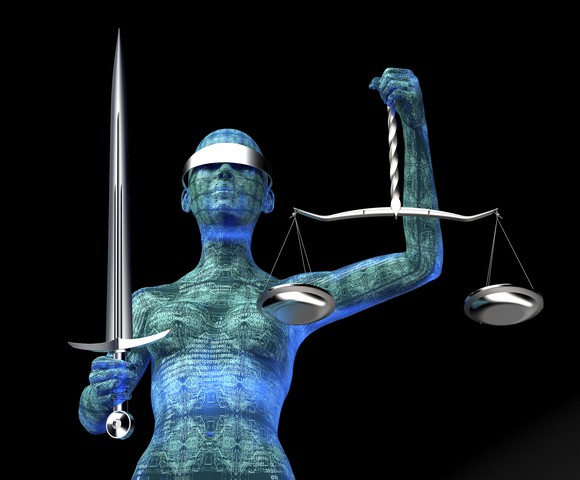 Computerized Lady Justice is holding a steel sword, a steel scale, and wearing a steel blindfold.