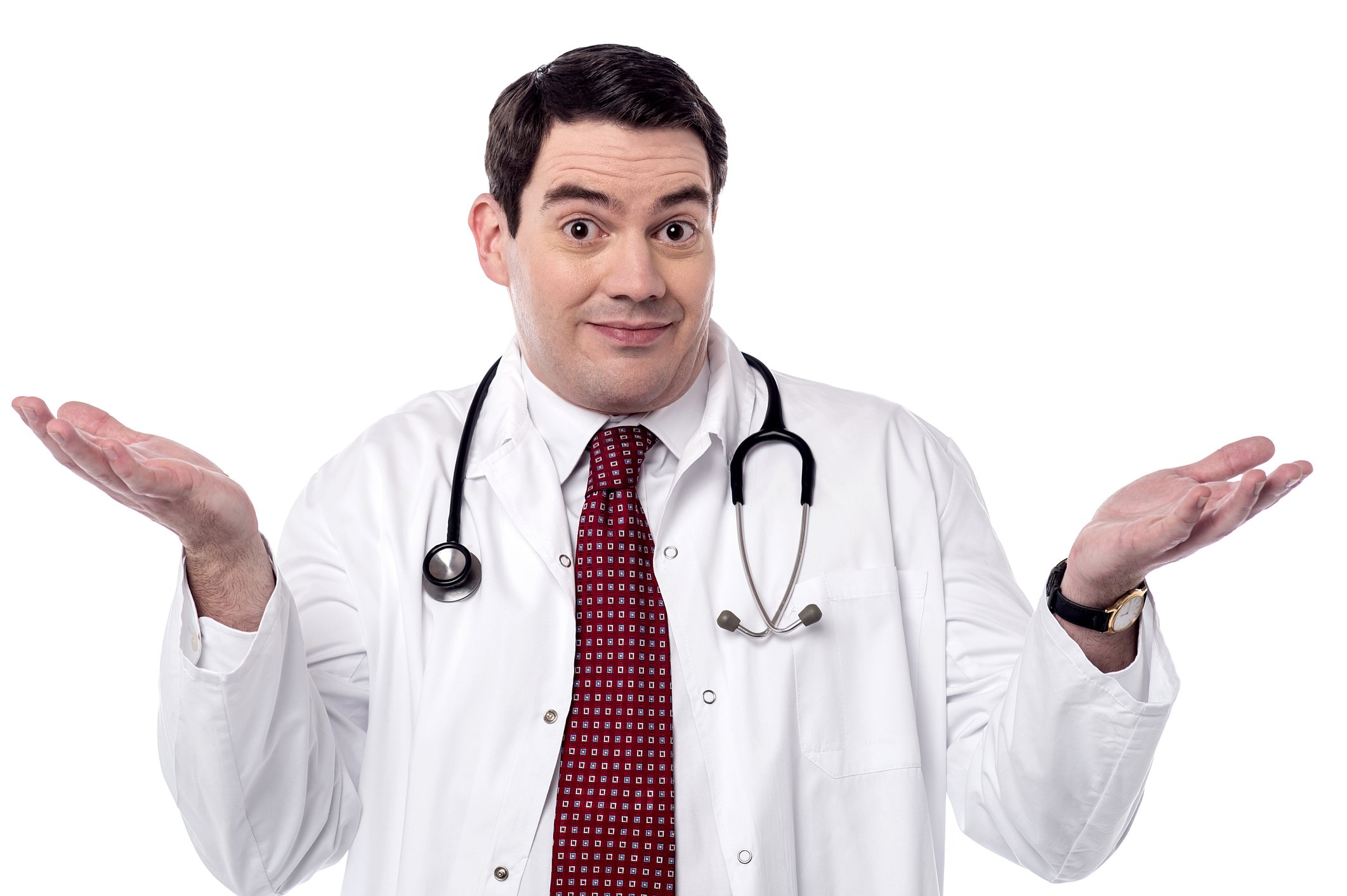 A doctor shrugging his shoulders and hands. 