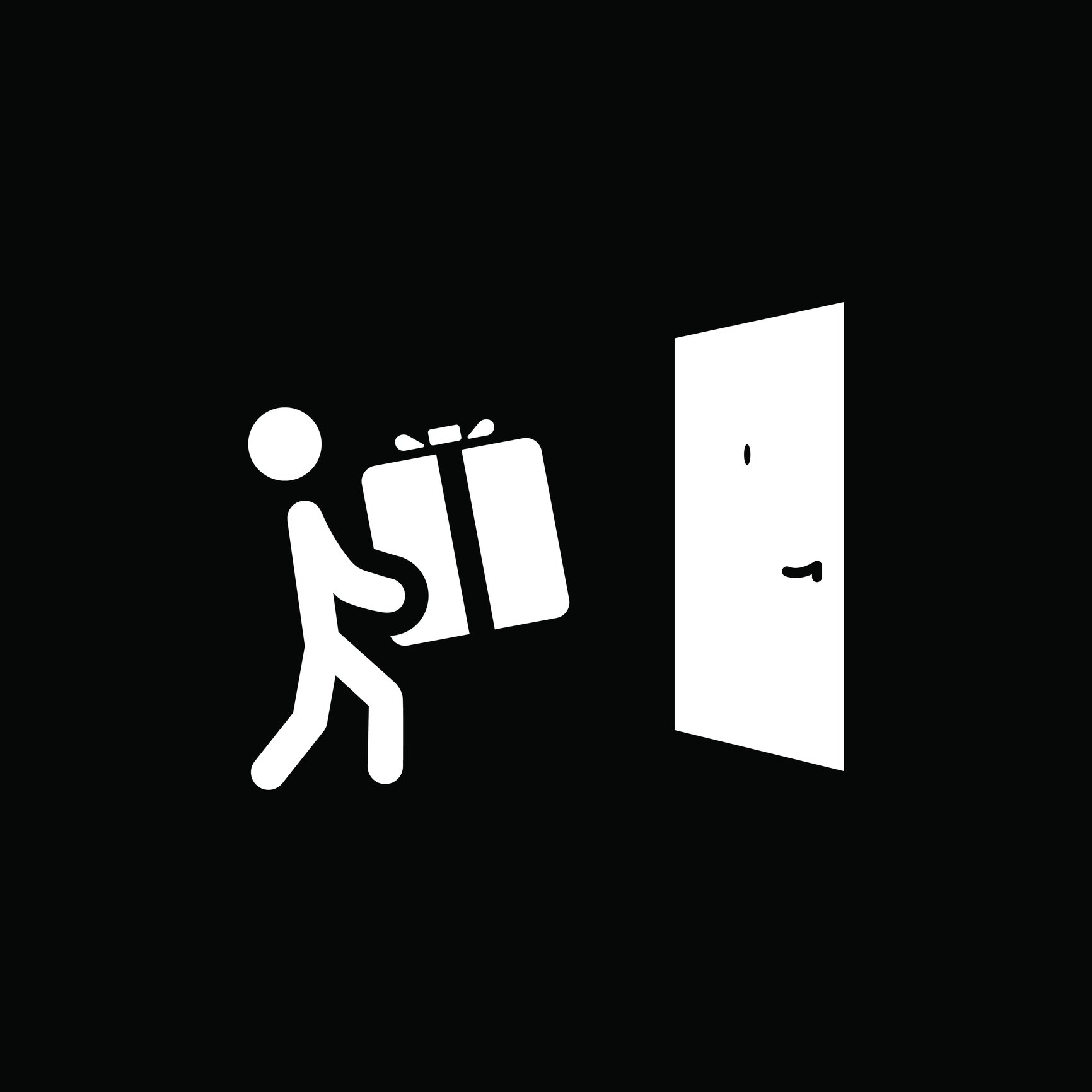 Door delivery icon -- white figure of a person carrying a white box to a white door on a black background.