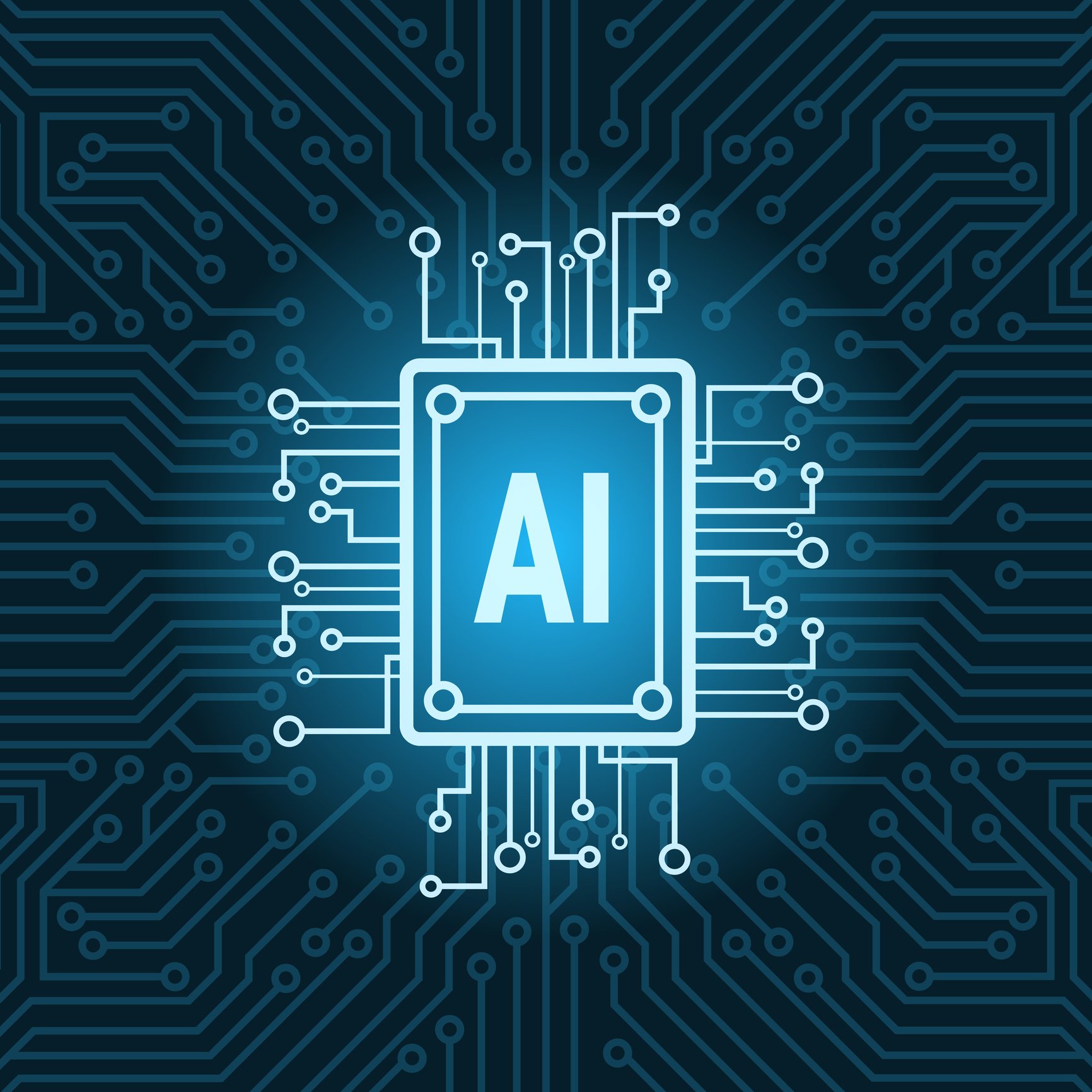 Chip with "AI" on it in a circuit board. 