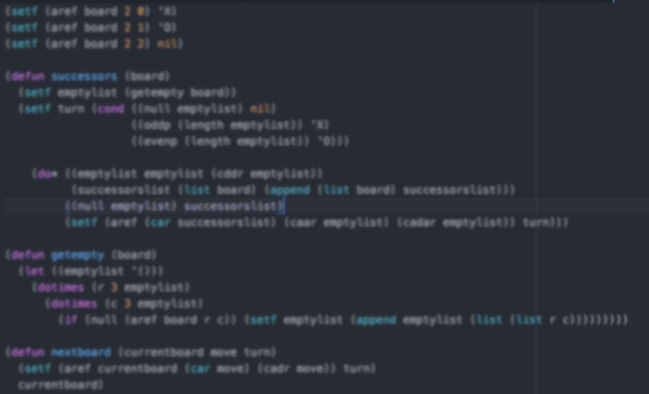 Blurry colored code on a black computer screen background.
