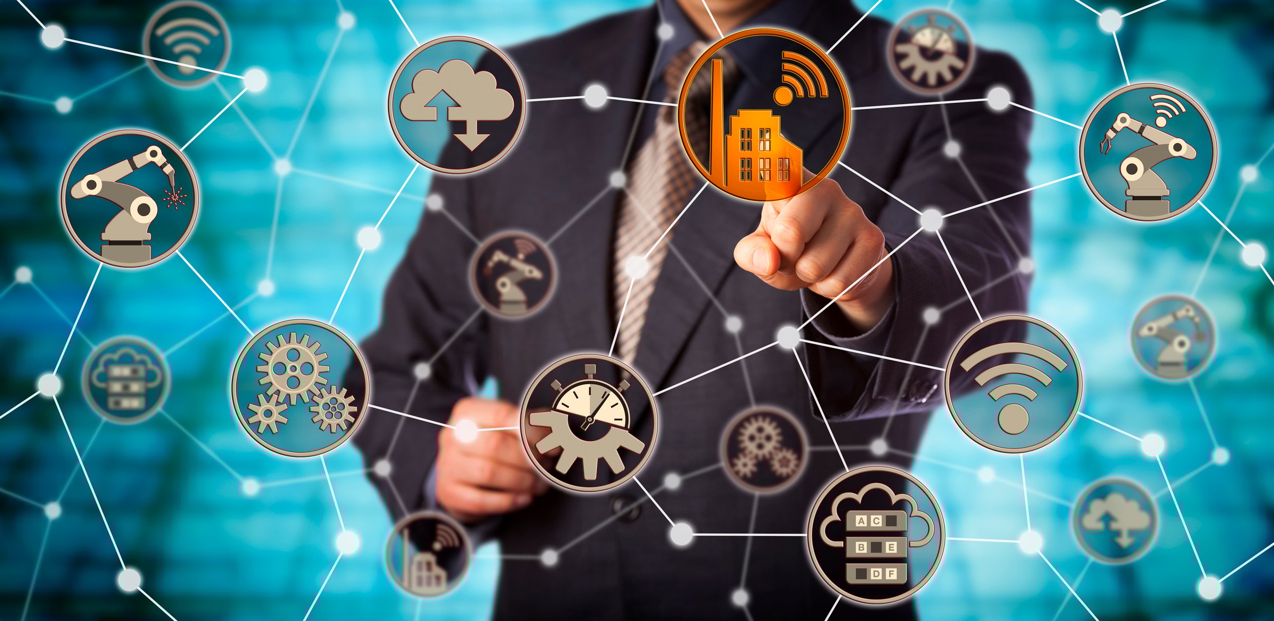 A man touching a smart factory icon in a virtual machine-to-machine network.