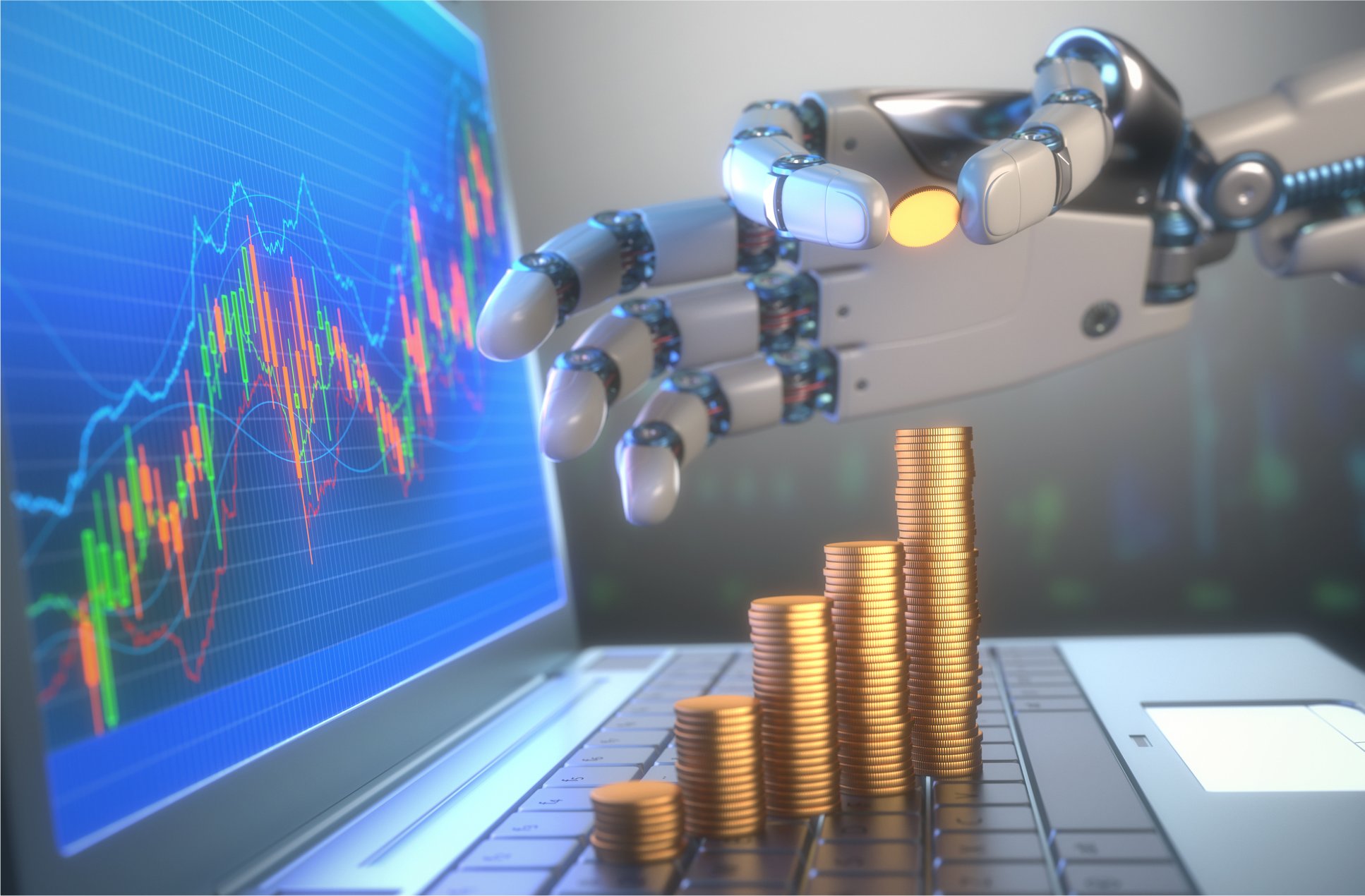 A robot hand stacking coins in front of a financial chart.