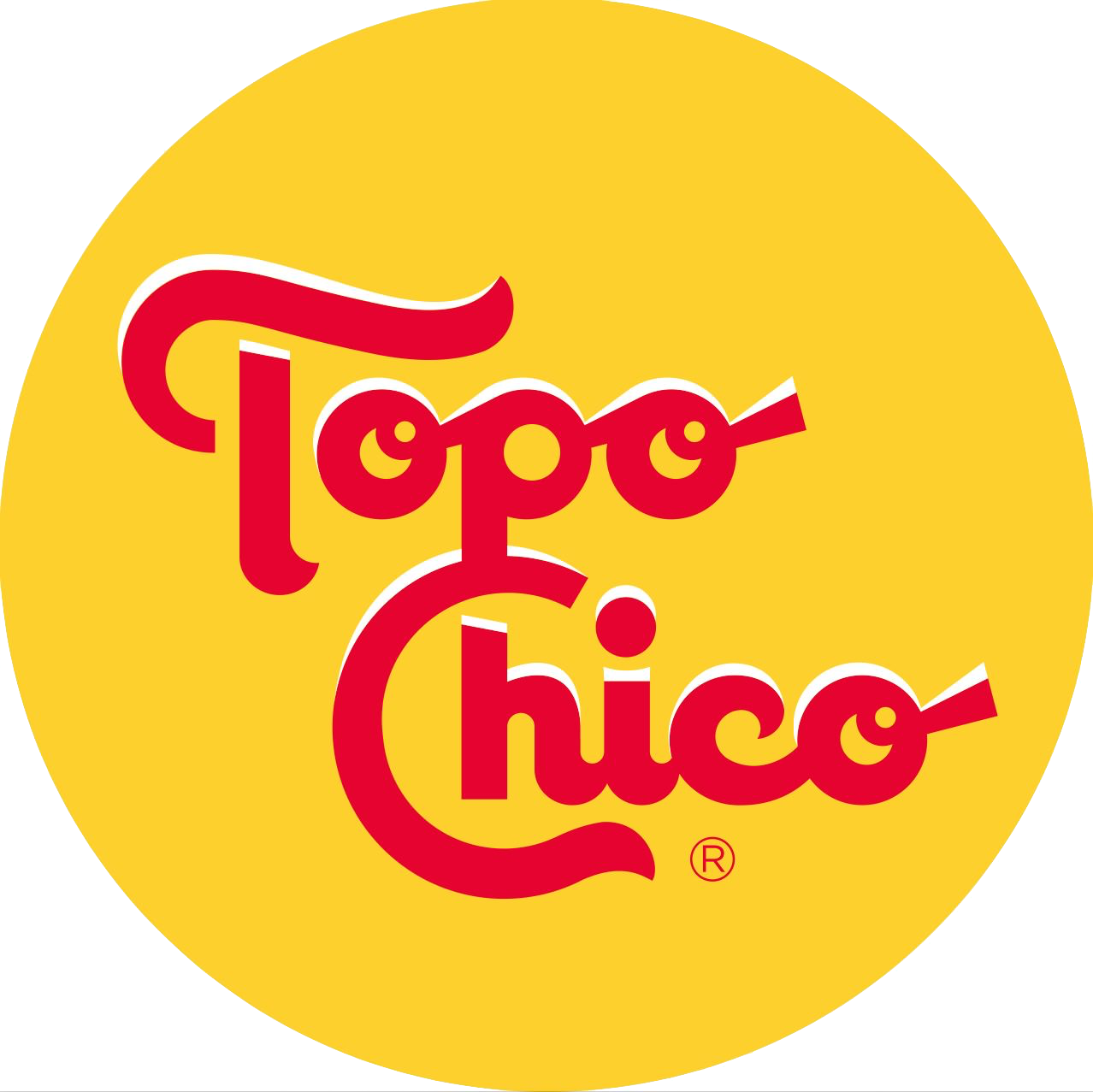 Topo Chico logo: red stylized cursive on round yellow background.