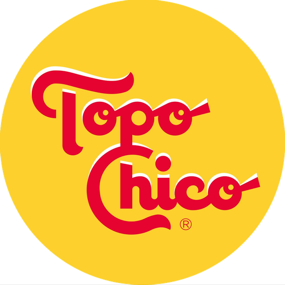 Topo Chico logo: red stylized cursive on round yellow background.