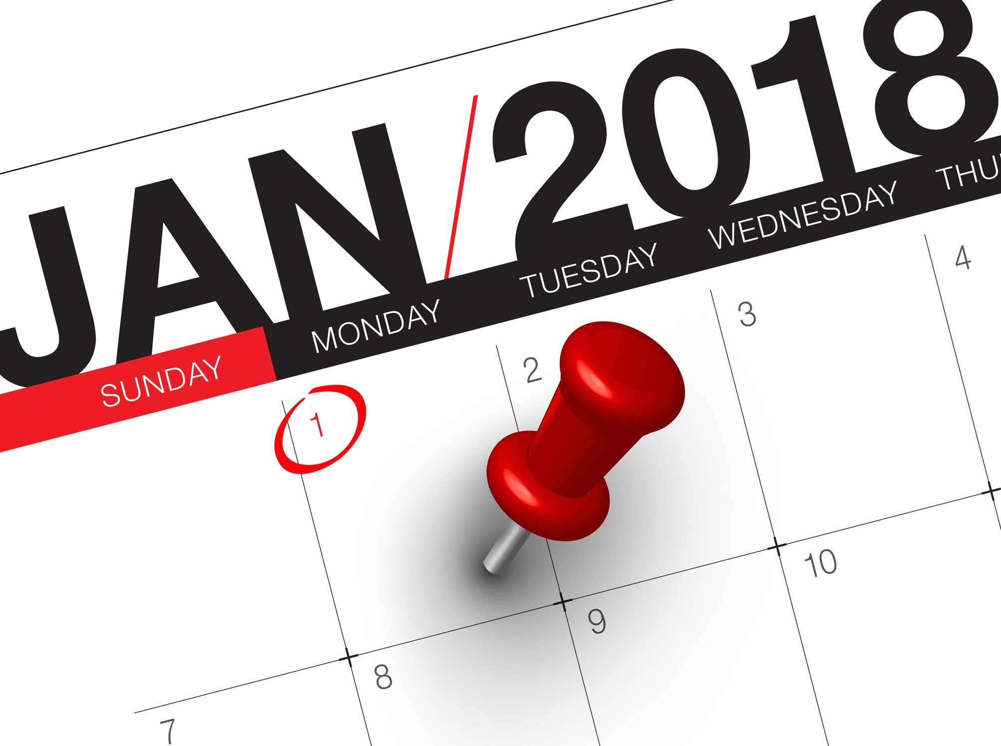 January 2018 calendar with pushpin on the first day of the month