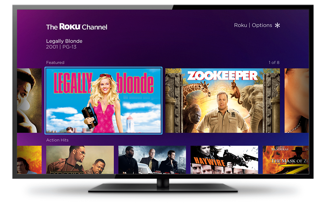 A television showing viewing choices on The Roku Channel.