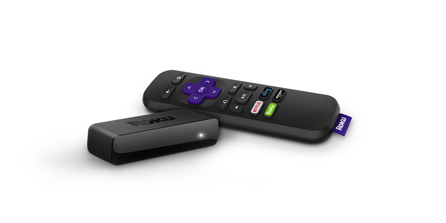 A Roku streaming player and remote.