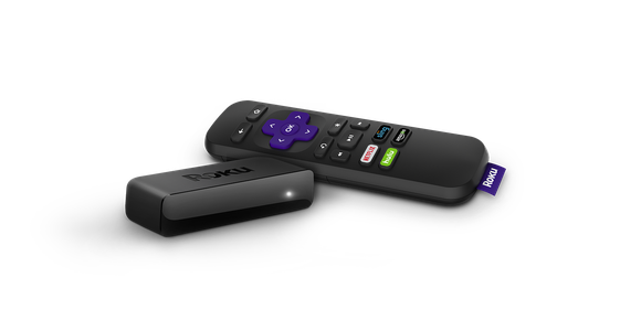 A Roku streaming player and remote.