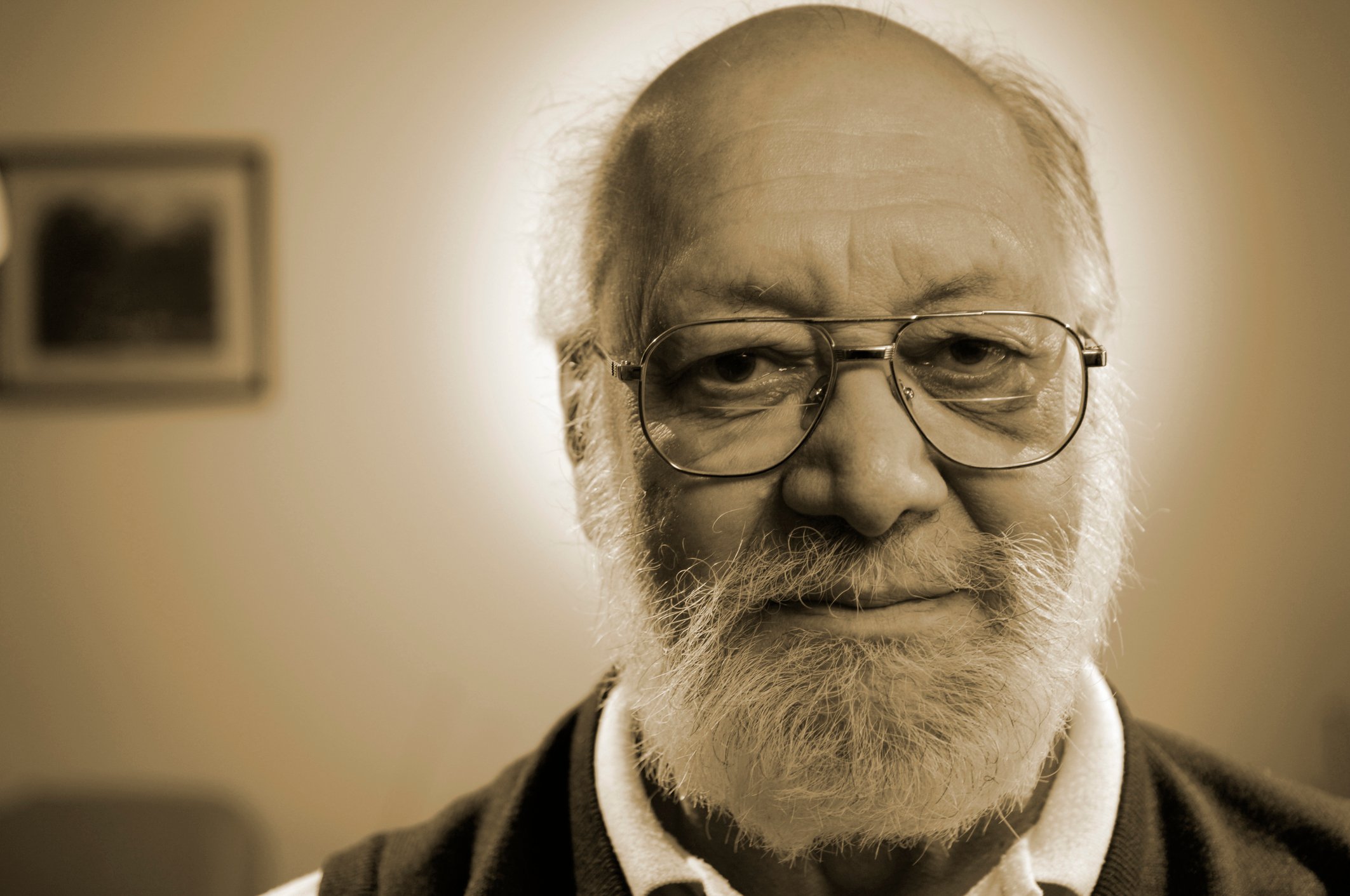 Closeup of bespectacled senior male