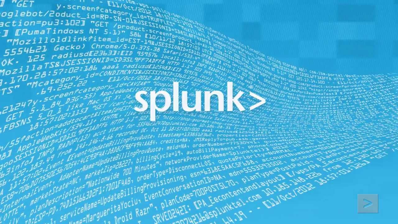 Splunk logo in white letters with abstract text machine data on a blue background.