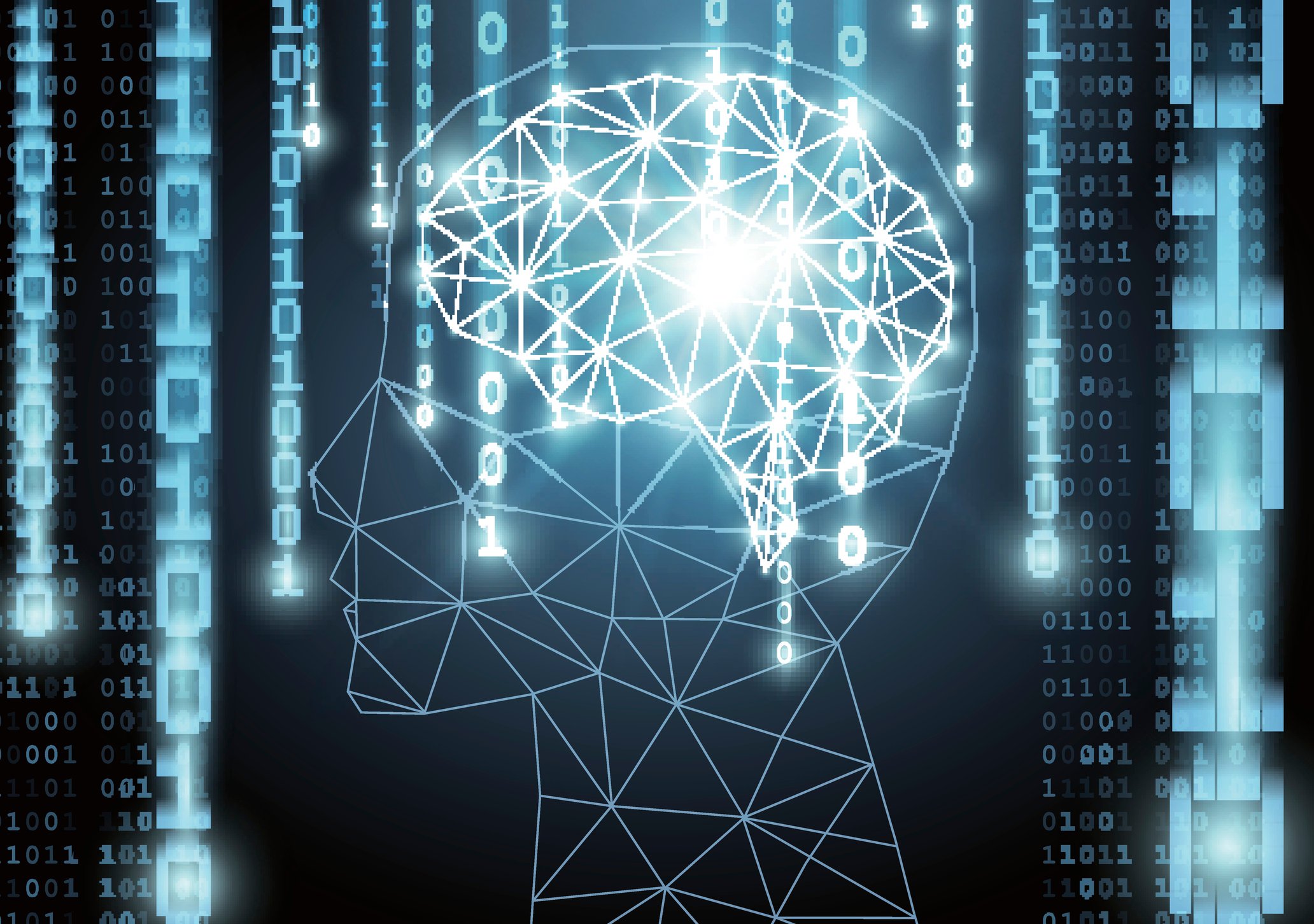 Vector diagram of a person's head showing the brain with the digits 0 and 1 falling vertically across the image -- concept for artificial intelligence.