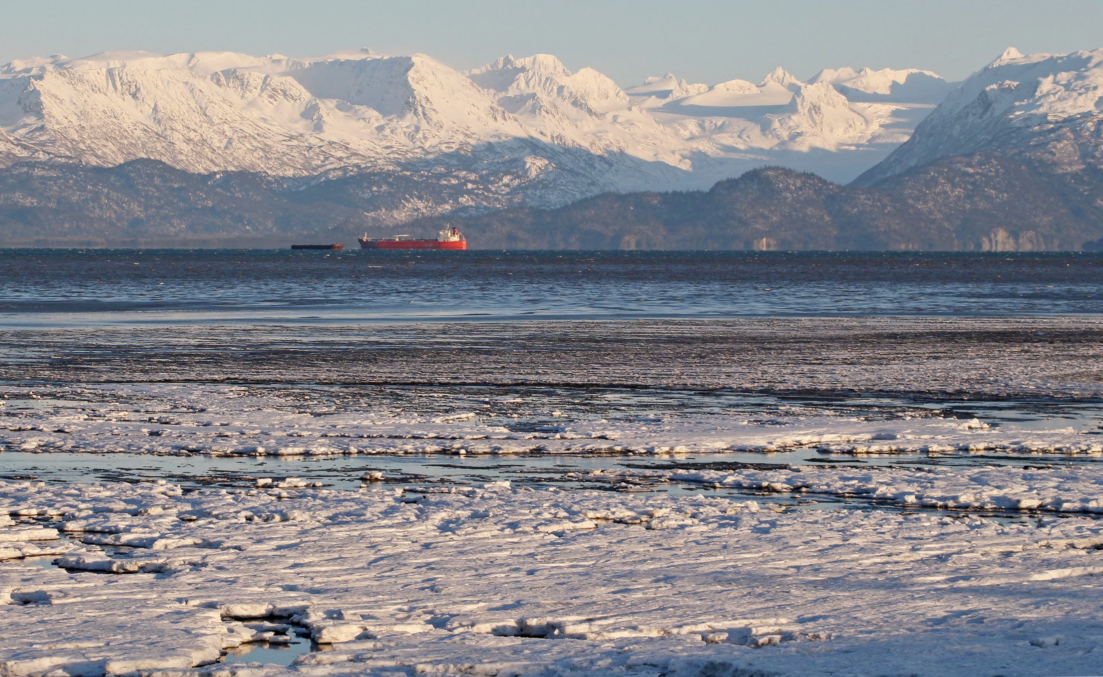 An oil tanker in the icy waters off Alaska.