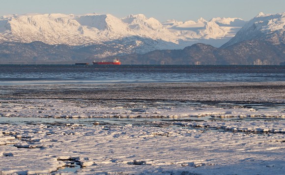 An oil tanker in the icy waters off Alaska.