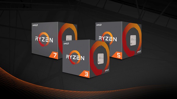Three boxed AMD Ryzen CPUs.
