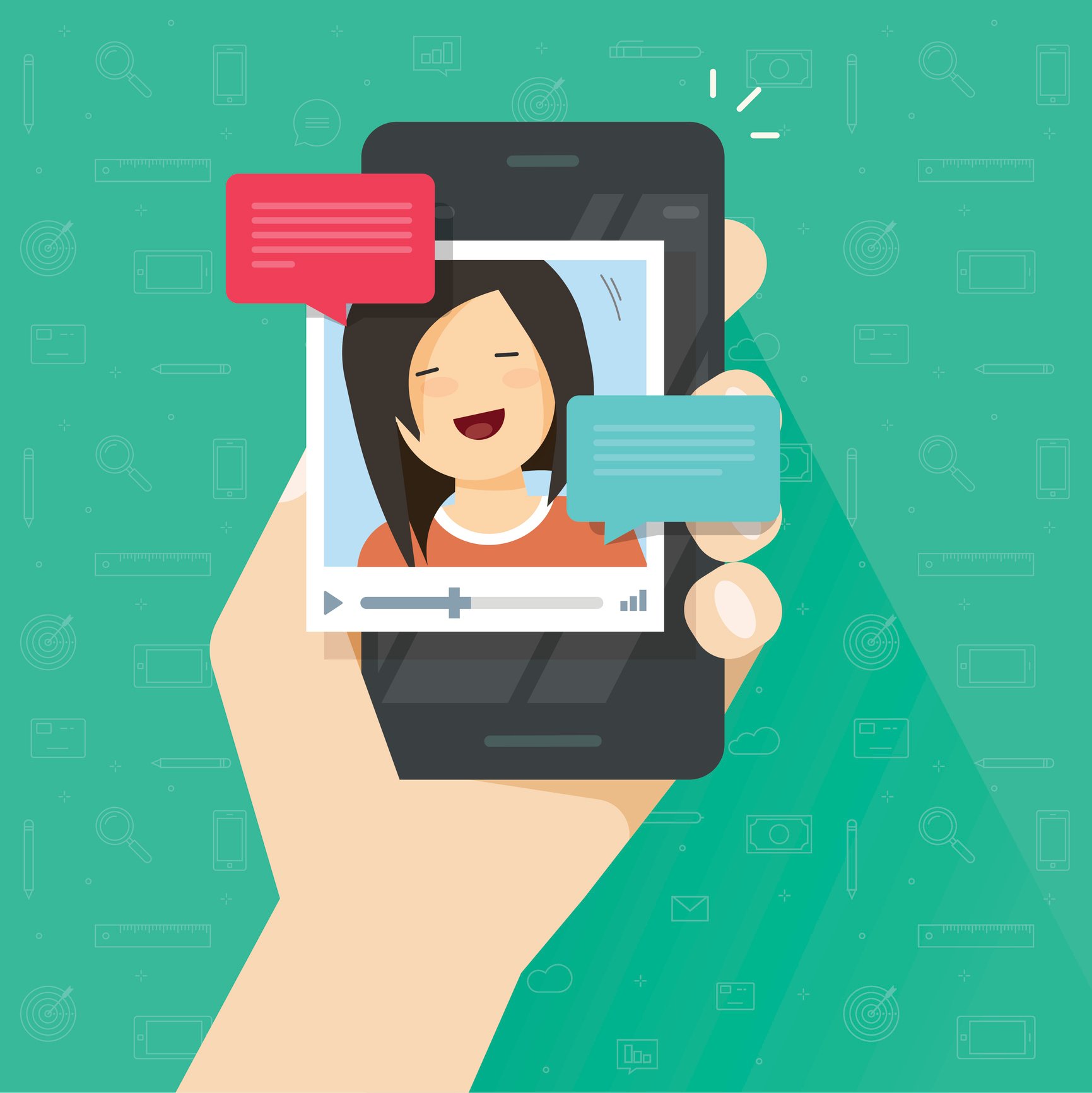 A drawing of a person holding a smartphone that has a video of a girl playing.