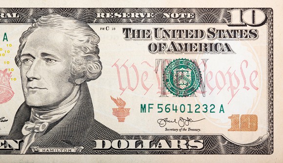 Closeup of $10 bill.