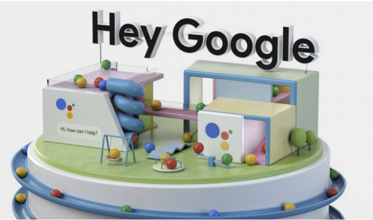The words Hey Google above a a plastic structure symbolizing a house.