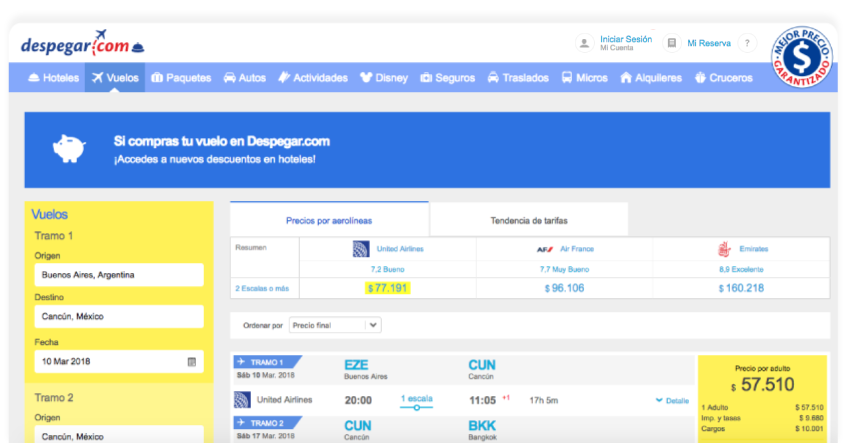Despegar.com's booking engine on a PC.