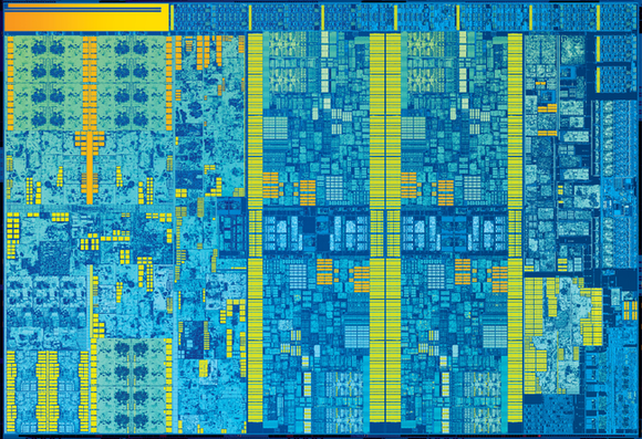 An exposed shot of an Intel chip die.
