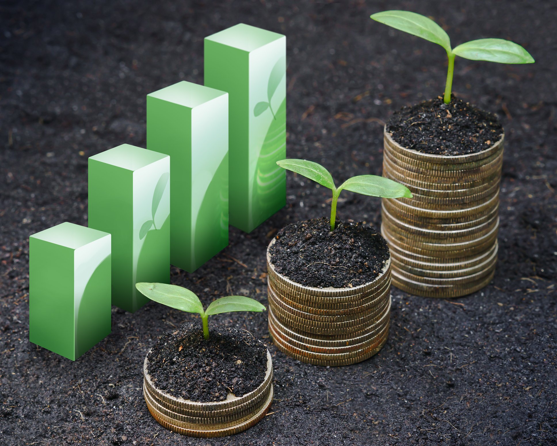 Rising coin stacks with plants growing on top next to a rising bar chart.