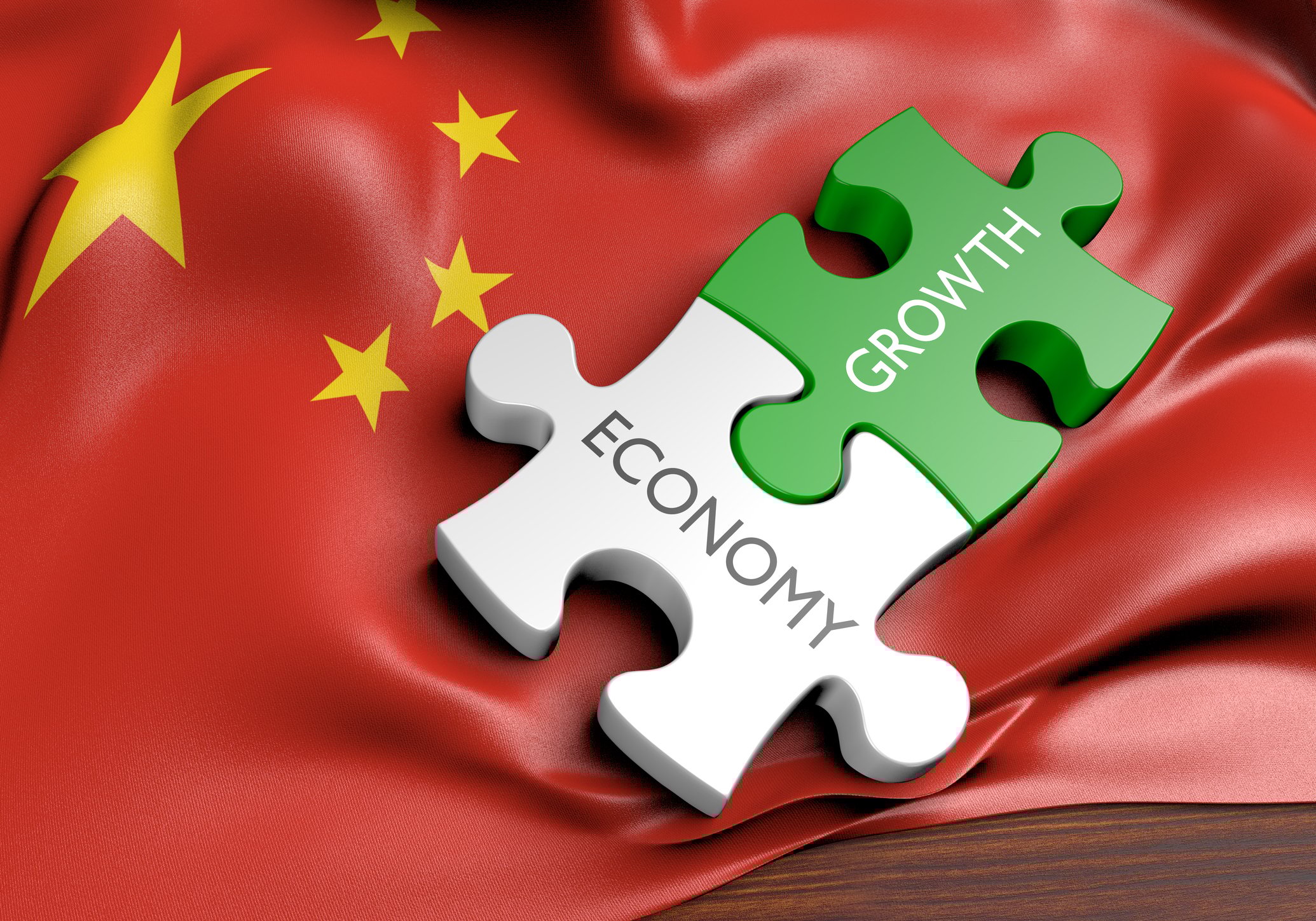 Chinese flag with puzzle pieces reading Economy and Growth