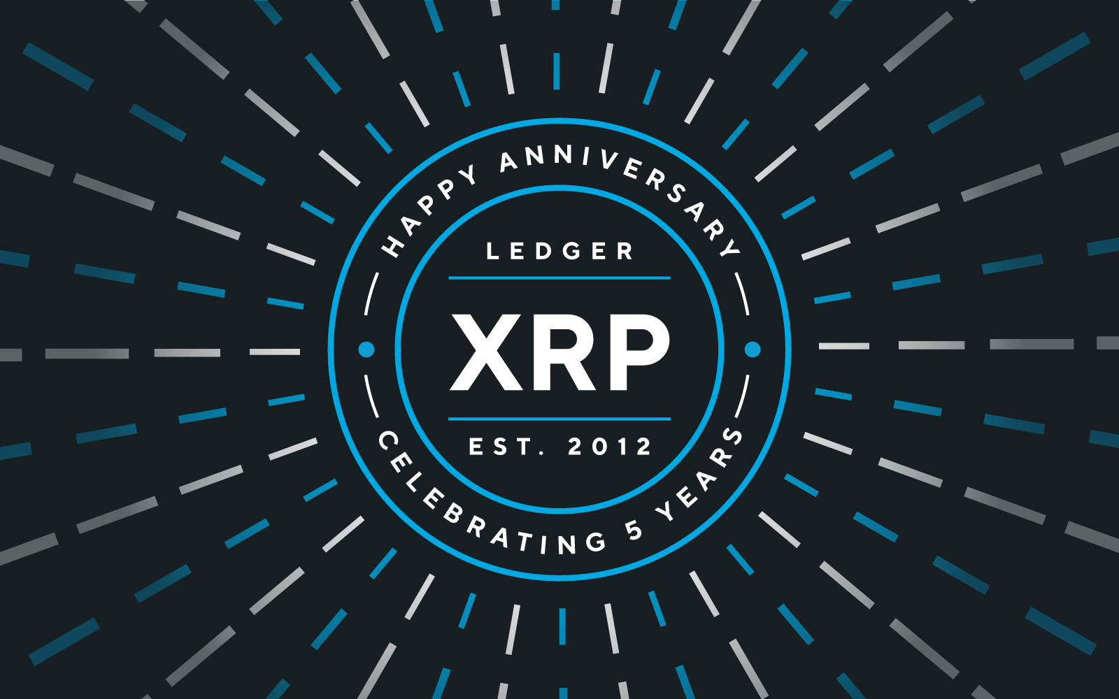 Concentric circles with lines radiating outward, containing text celebrating the fifth anniversary of XRP Ripple.