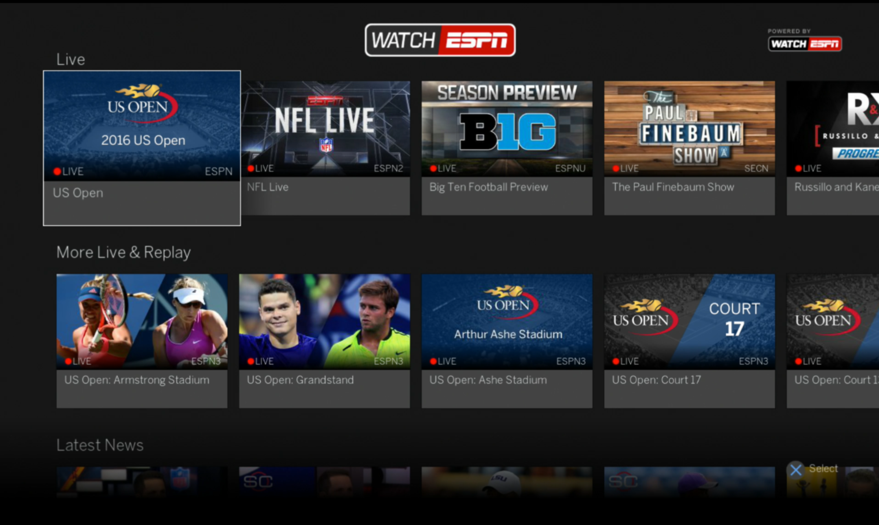 A TV screen showing a variety of sporting events on the ESPN app. 