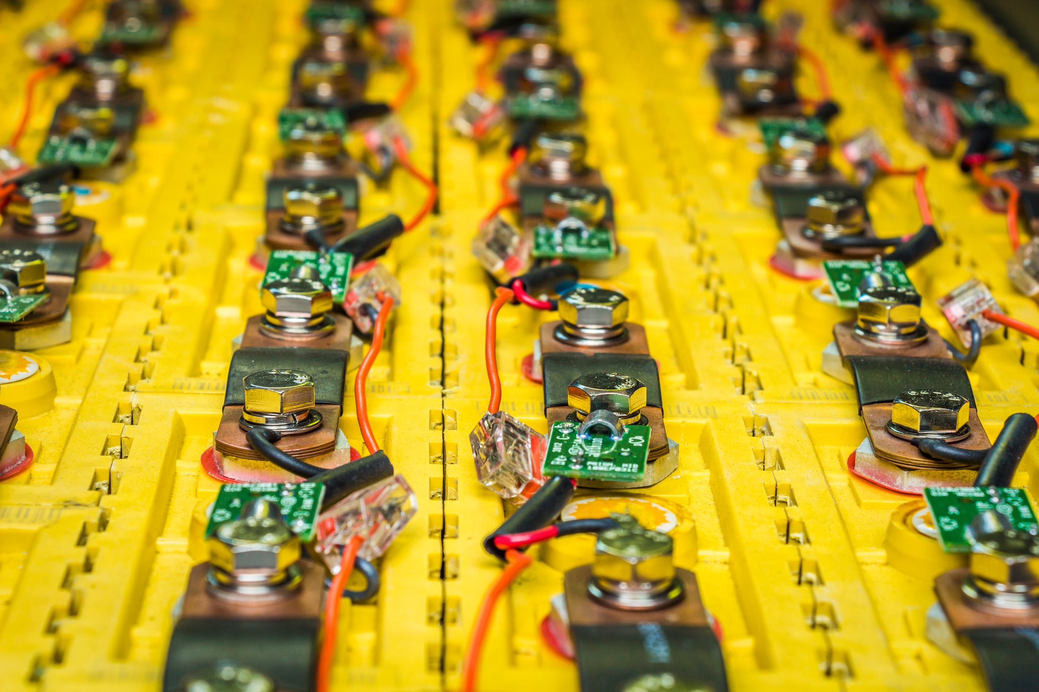 A close-up of a lithium-iron-phosphate battery installed in an electric car.