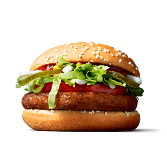 The McVegan Burger, with vegetable-based patty, lettuce, tomato, onions, and pickle, and a bun.