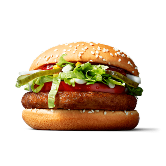 The McVegan Burger, with vegetable-based patty, lettuce, tomato, onions, and pickle, and a bun.