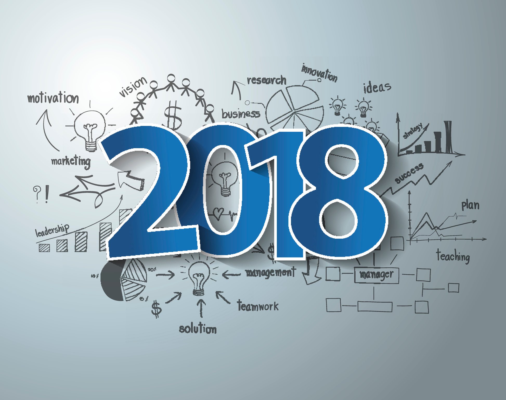 The number 2018 on top of business charts and diagrams