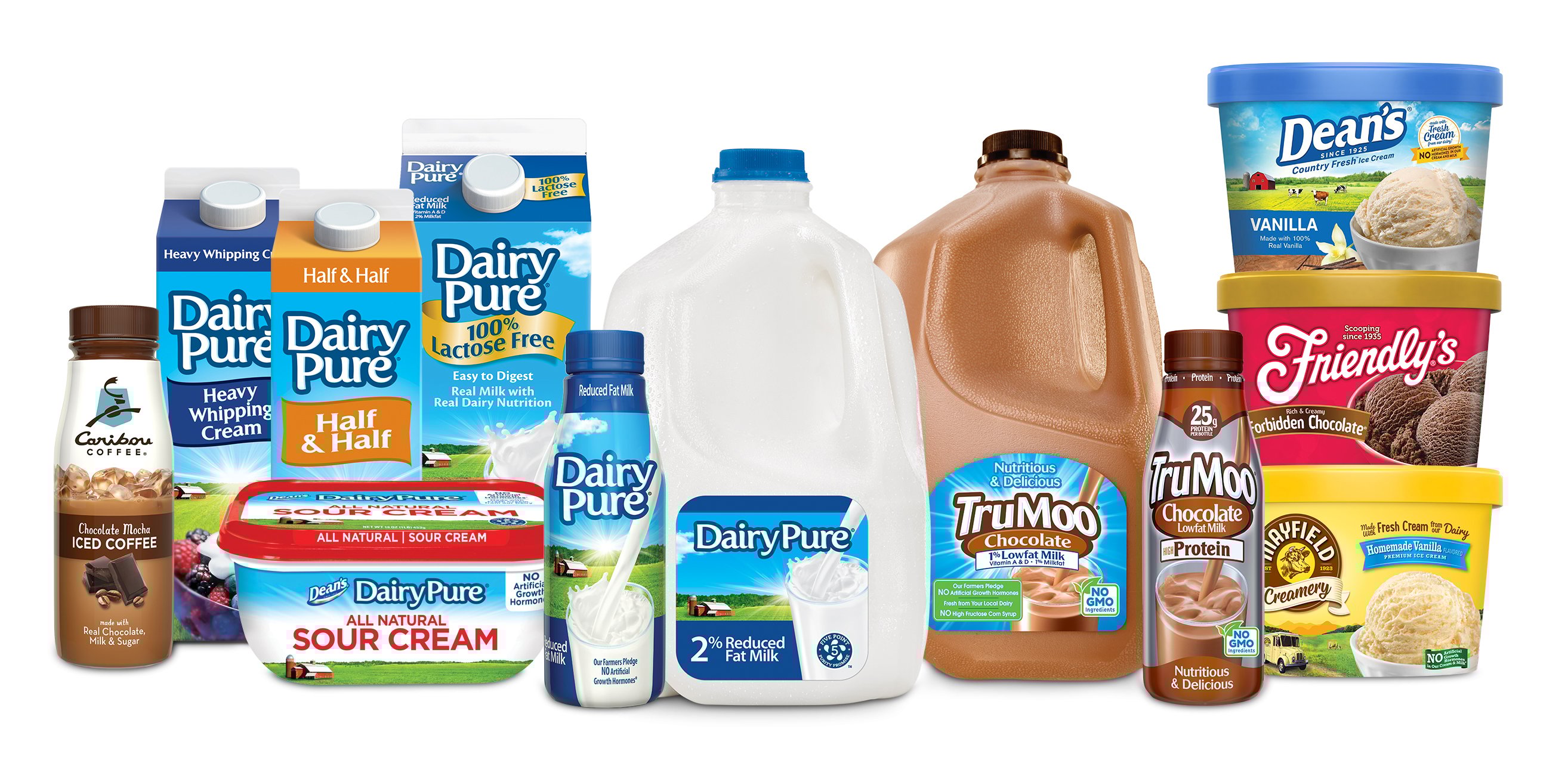 Various Dean Foods products including containers of Dairy Pure, Milk, ice cream and sour cream.