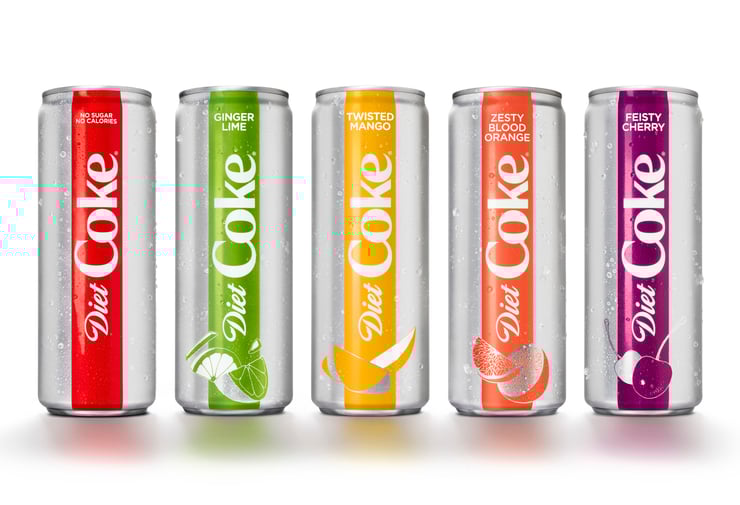Original Diet Coke and four new flavors in sleek new 12-ounce can packaging.