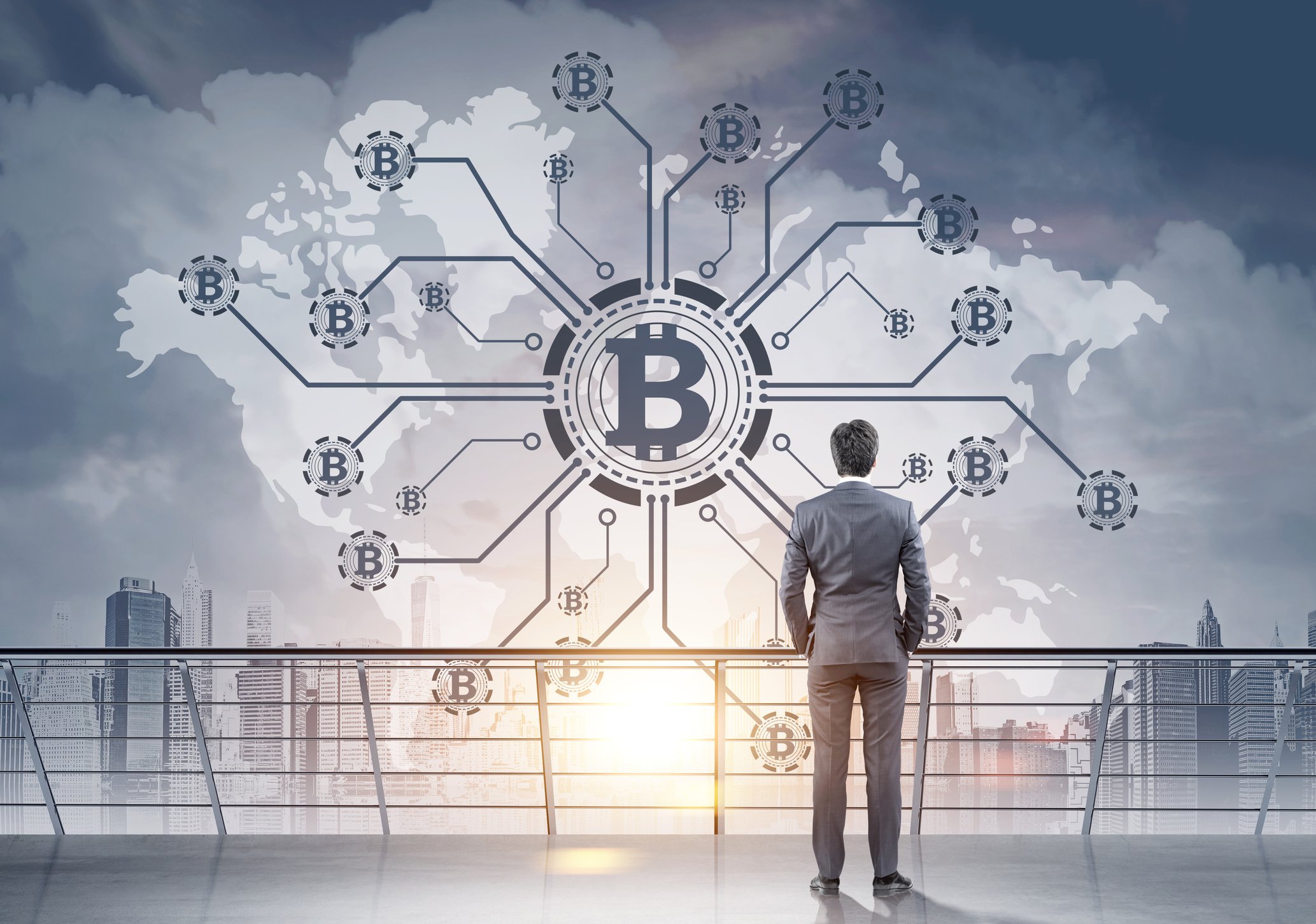 Businessman looking at a bitcoin network