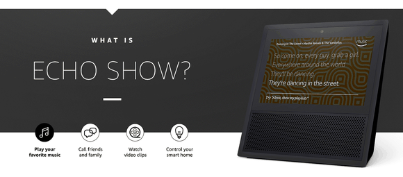 An Echo Show displayed in black. The device can play music, be used to video chat. and control other smart home devices like connected lighting.