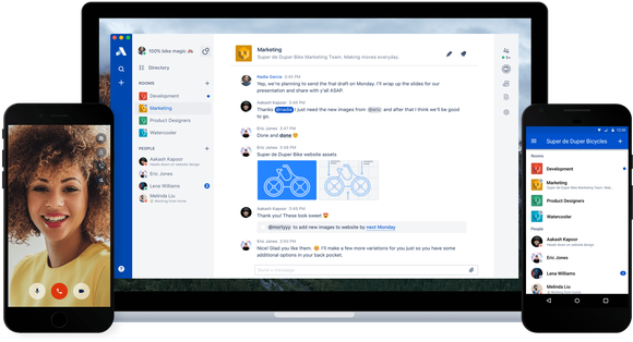 Atlassian's Stride app on two phones and a laptop.
