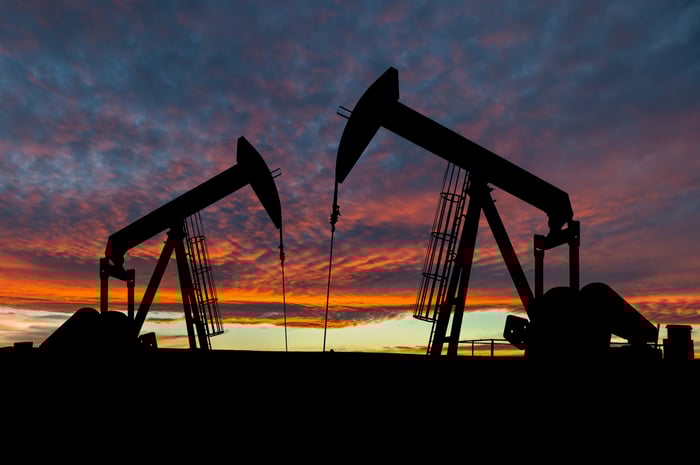 Oil pumps with a red sunset in the background.