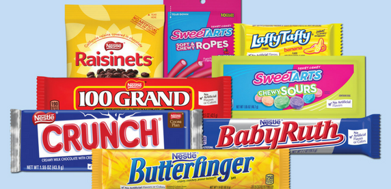 A picture of Nestle's candy: a Baby Ruth, Butterfinger, Crunch, 100 Grand, Raisinets, Sweet Tarts, and Laffy Taffy.